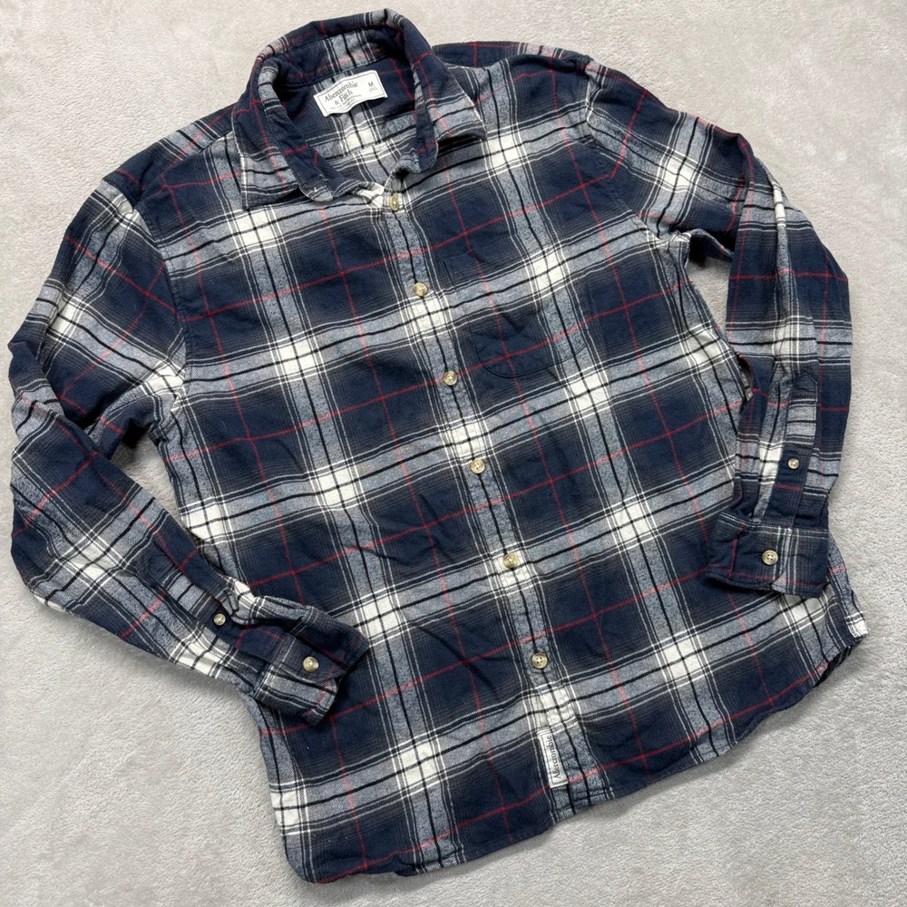 Abercrombie & Fitch Flannel Shirt Men Medium Navy Blue White Plaid Casual Button